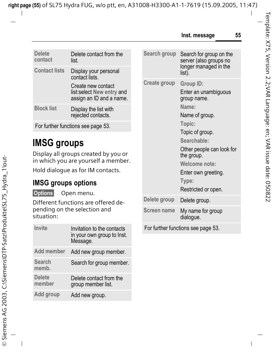 Imsg groups, Imsg groups options | Siemens SL75 User Manual | Page 56 / 139