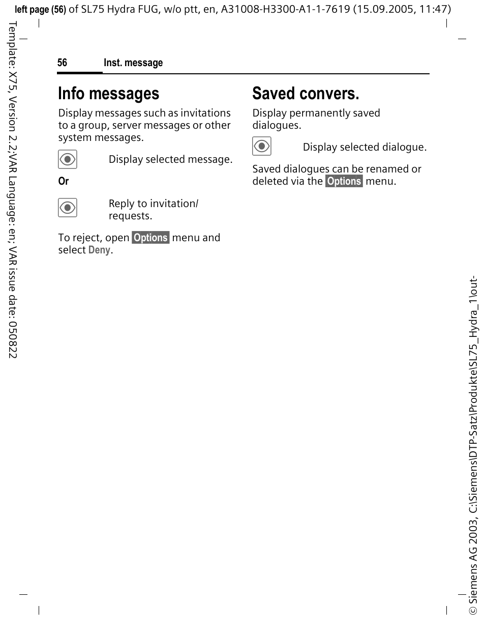 Info messages, Saved convers | Siemens SL75 User Manual | Page 57 / 139