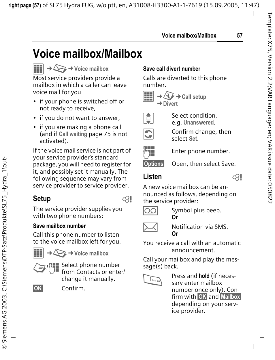 Voice mailbox/mailbox | Siemens SL75 User Manual | Page 58 / 139