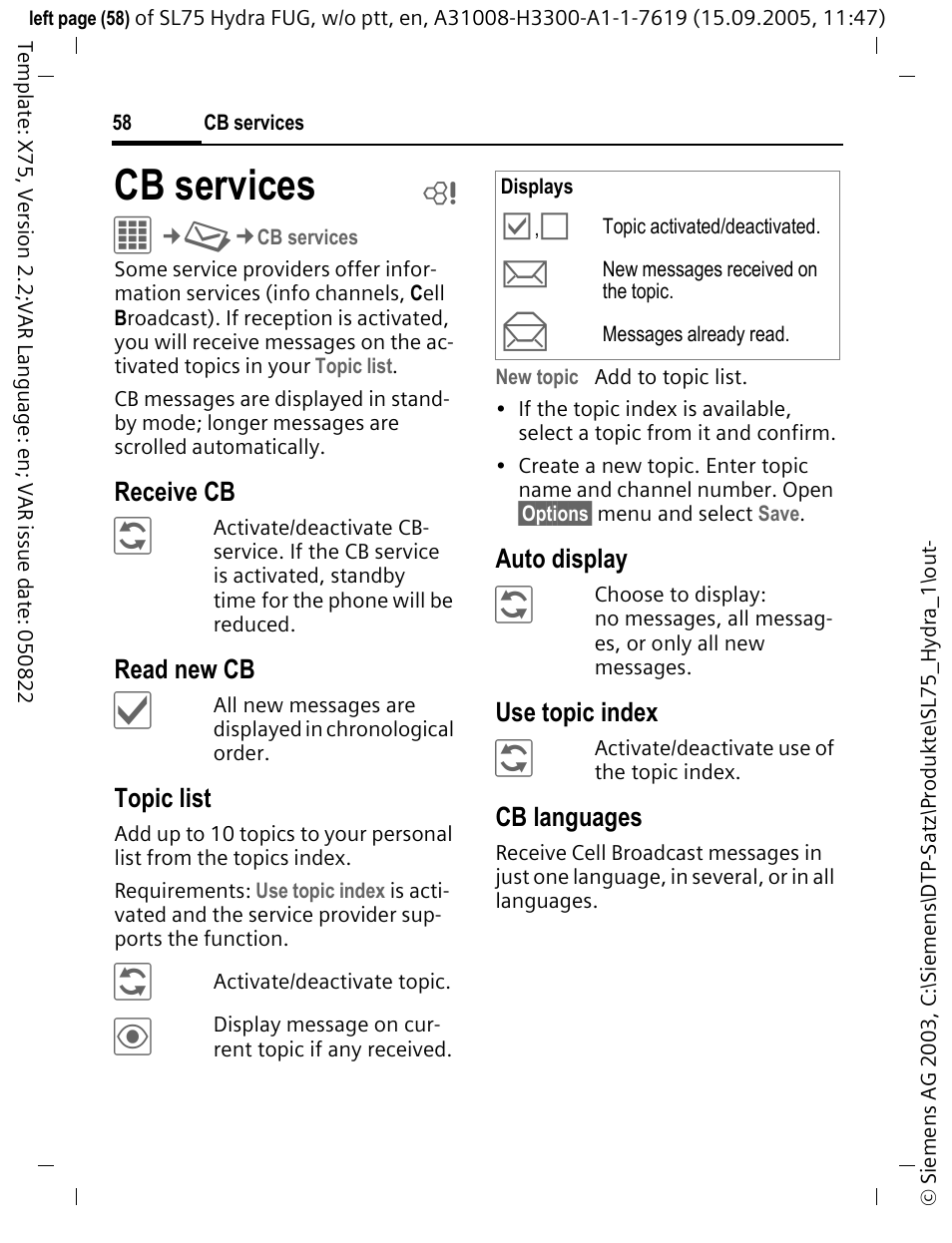 Cb services b, Cb services | Siemens SL75 User Manual | Page 59 / 139