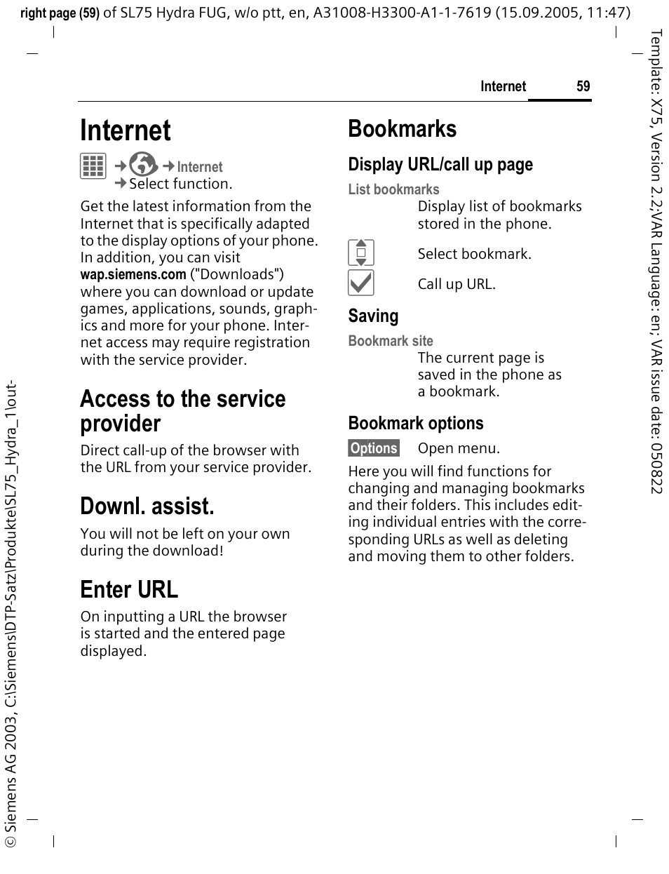 Internet, Access to the service provider, Downl. assist | Enter url, Bookmarks | Siemens SL75 User Manual | Page 60 / 139