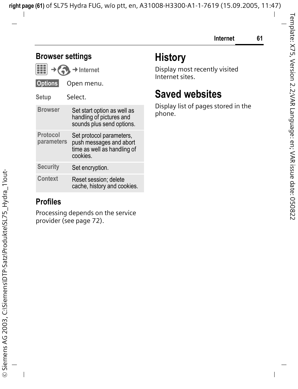 History, Saved websites, Browser settings | Profiles | Siemens SL75 User Manual | Page 62 / 139