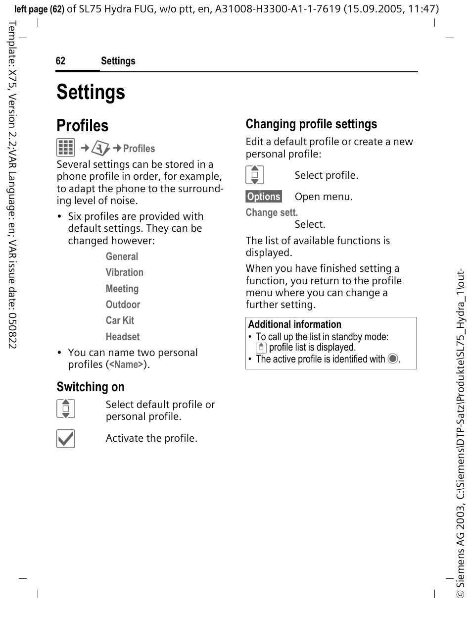 Settings, Profiles | Siemens SL75 User Manual | Page 63 / 139