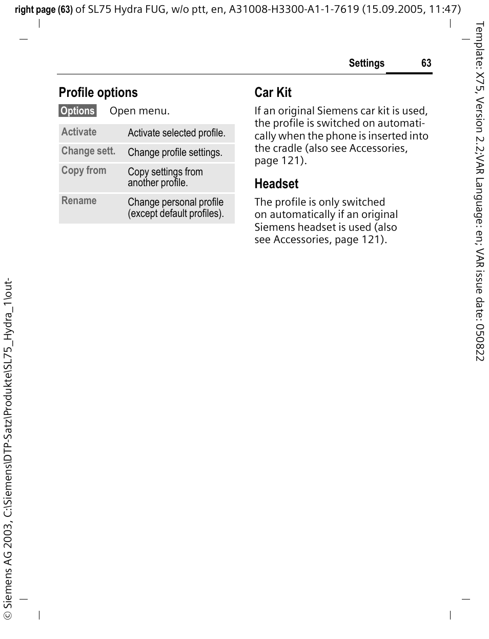 Profile options, Car kit, Headset | Siemens SL75 User Manual | Page 64 / 139