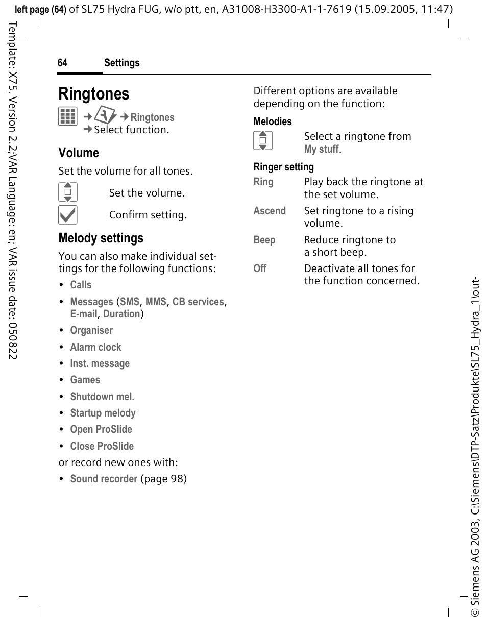 Ringtones, Volume, Melody settings | Siemens SL75 User Manual | Page 65 / 139