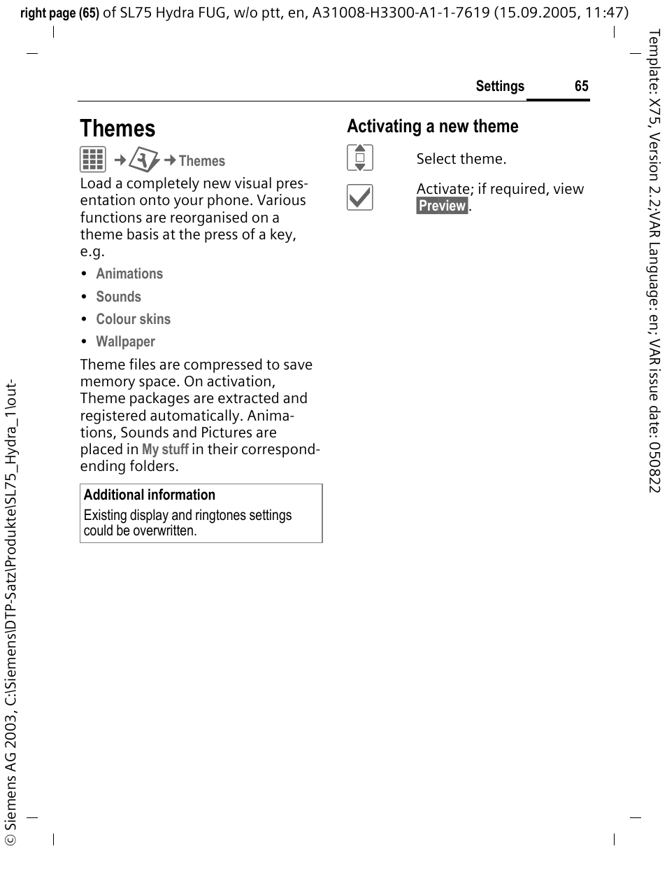 Themes, Activating a new theme | Siemens SL75 User Manual | Page 66 / 139