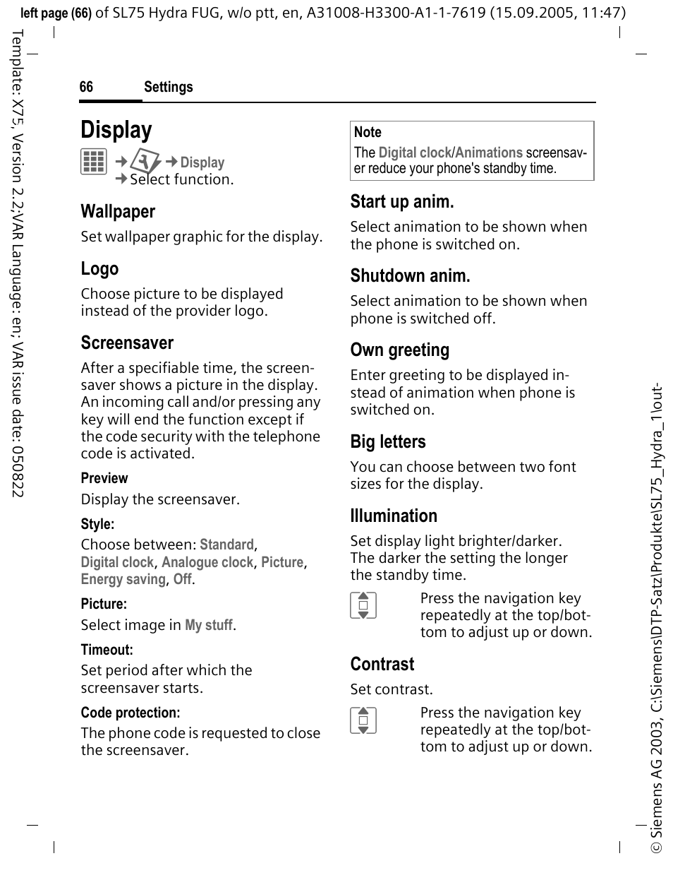 Display, Wallpaper, Logo | Screensaver, Start up anim, Shutdown anim, Own greeting, Big letters, Illumination, Contrast | Siemens SL75 User Manual | Page 67 / 139