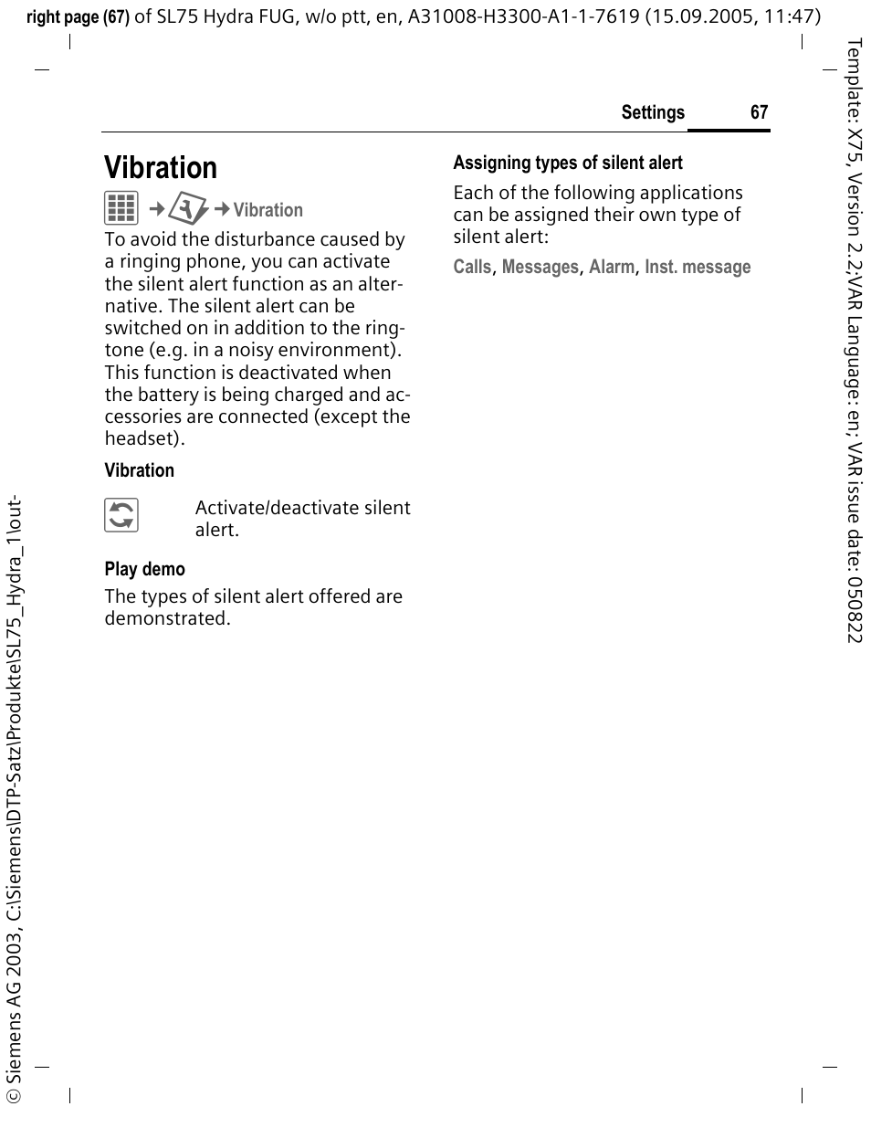 Vibration | Siemens SL75 User Manual | Page 68 / 139