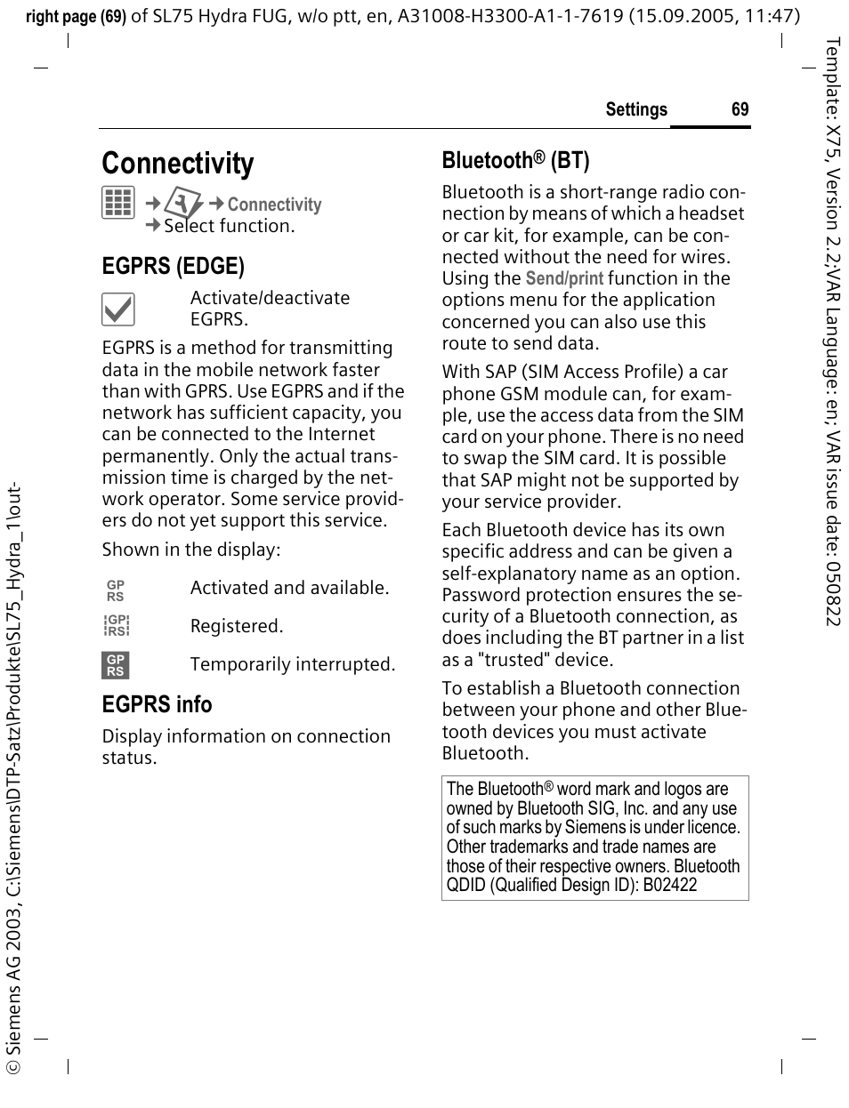 Connectivity, Egprs (edge), Egprs info | Bluetooth | Siemens SL75 User Manual | Page 70 / 139