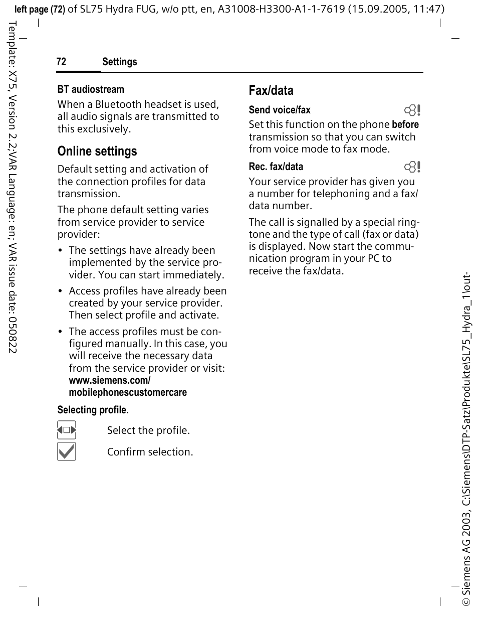 Online settings, Fax/data | Siemens SL75 User Manual | Page 73 / 139