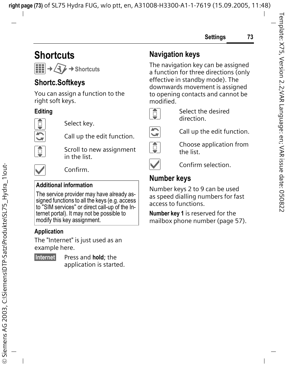 Shortcuts | Siemens SL75 User Manual | Page 74 / 139