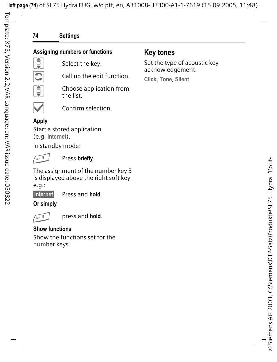 Key tones | Siemens SL75 User Manual | Page 75 / 139