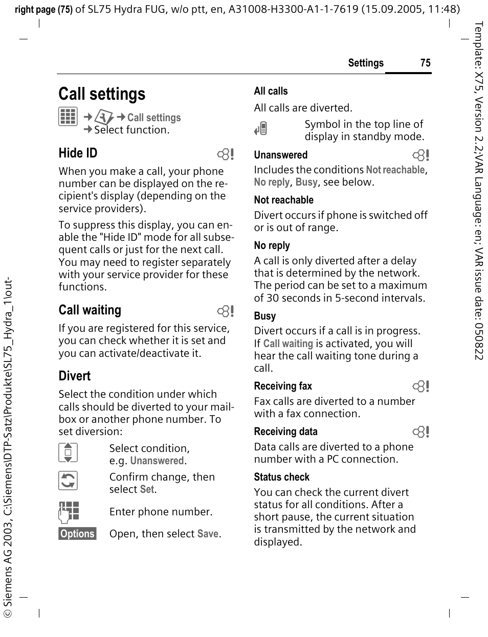 Call settings, Hide id b, Call waiting b | Divert | Siemens SL75 User Manual | Page 76 / 139