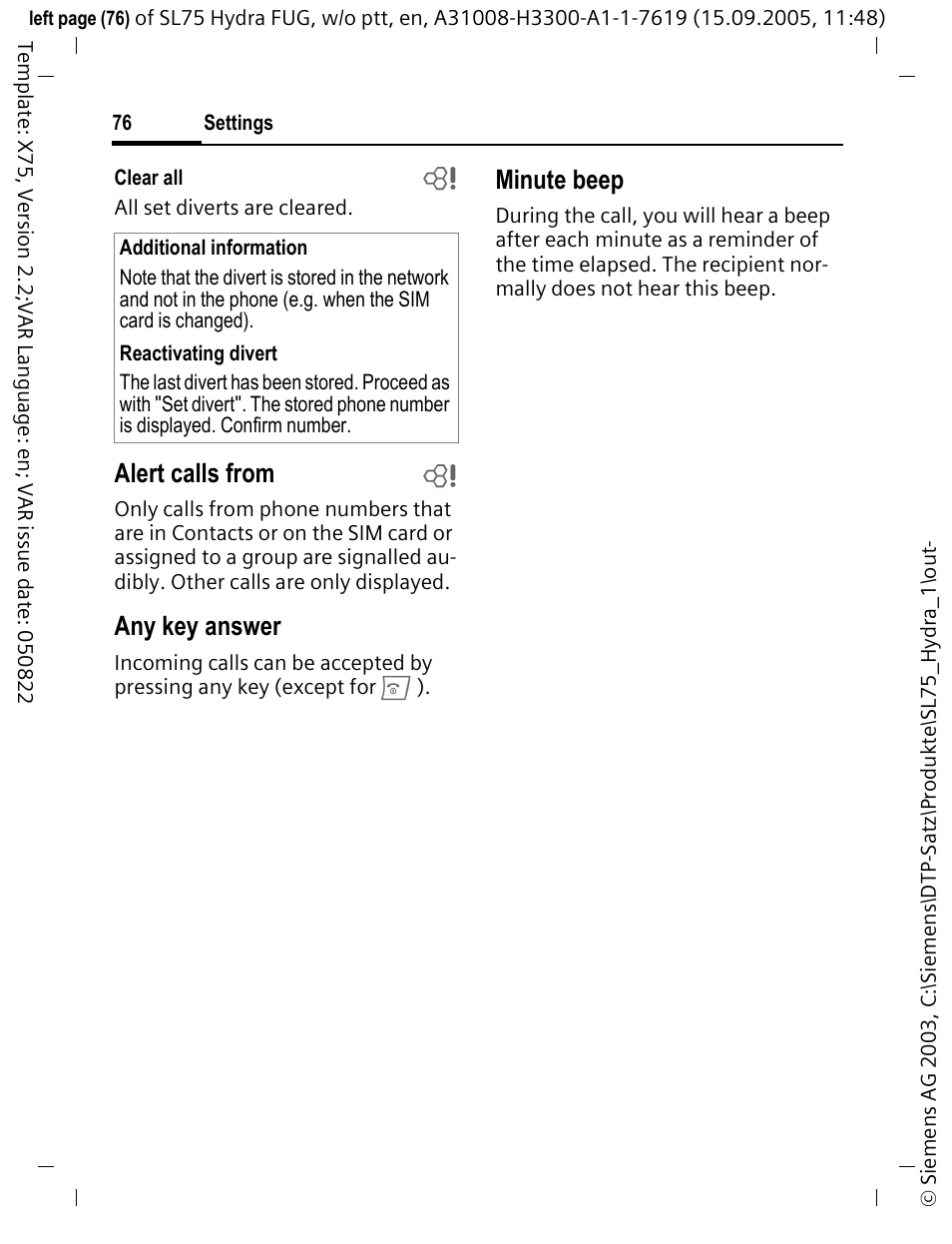 Alert calls from b, Any key answer, Minute beep | Siemens SL75 User Manual | Page 77 / 139