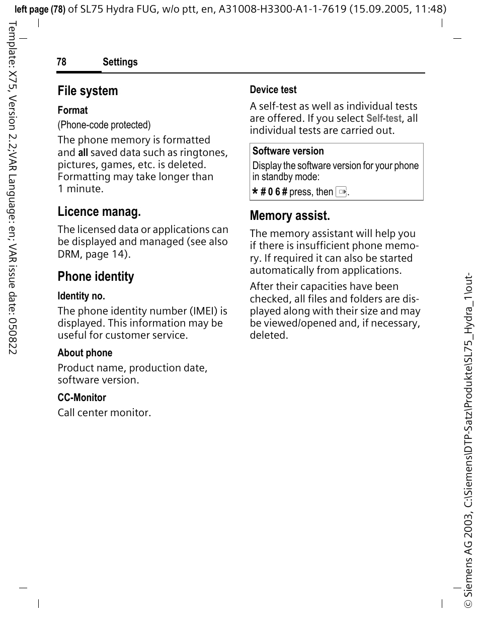 File system, Licence manag, Phone identity | Siemens SL75 User Manual | Page 79 / 139