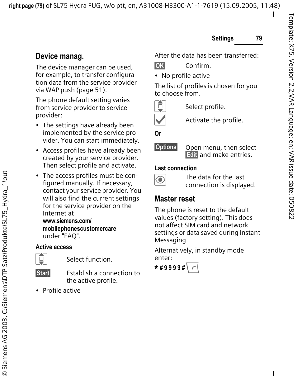 Device manag, Master reset | Siemens SL75 User Manual | Page 80 / 139