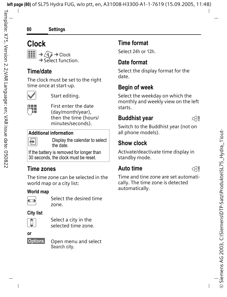 Clock | Siemens SL75 User Manual | Page 81 / 139