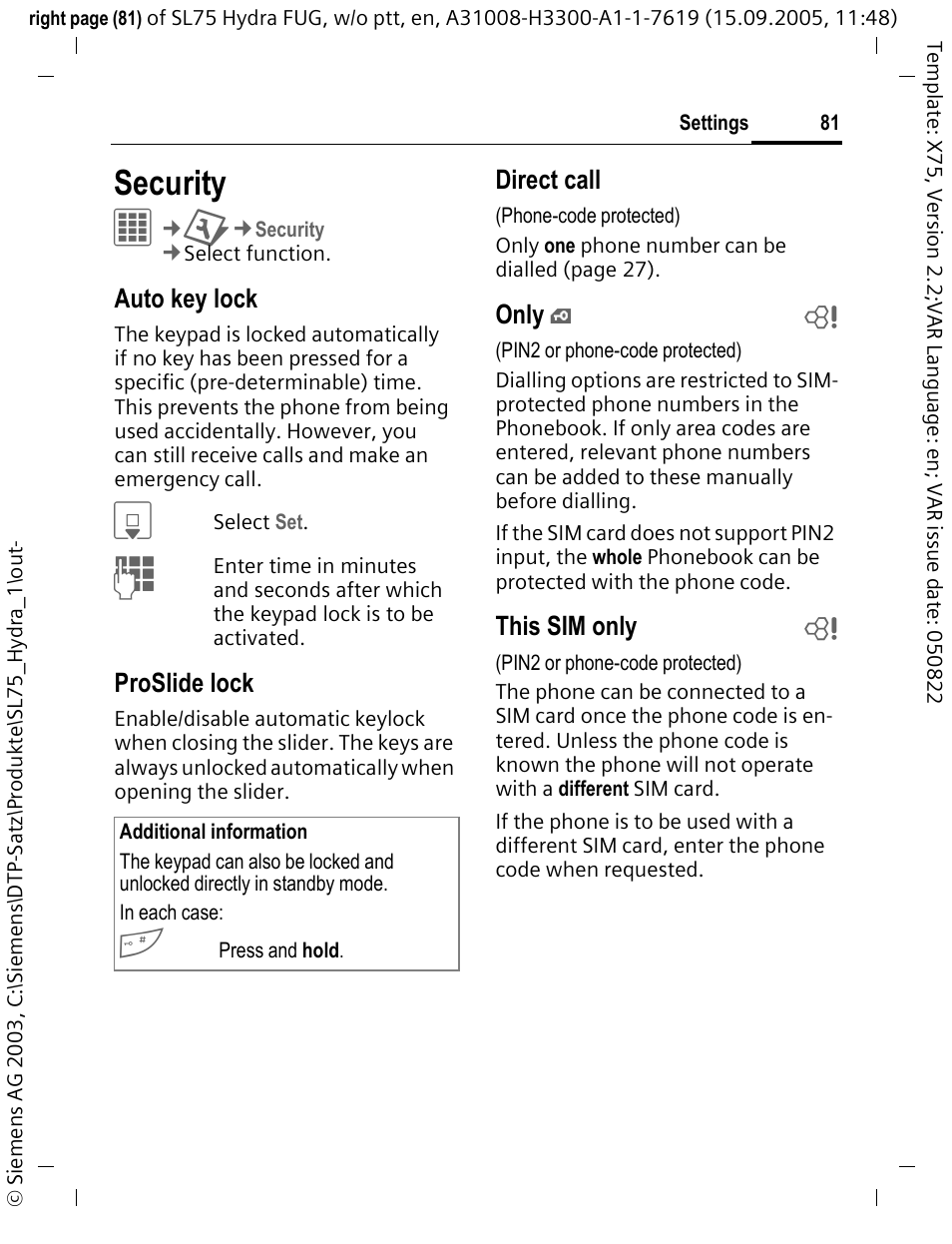 Security, Auto key lock, Proslide lock | Direct call, Only, This sim only b | Siemens SL75 User Manual | Page 82 / 139