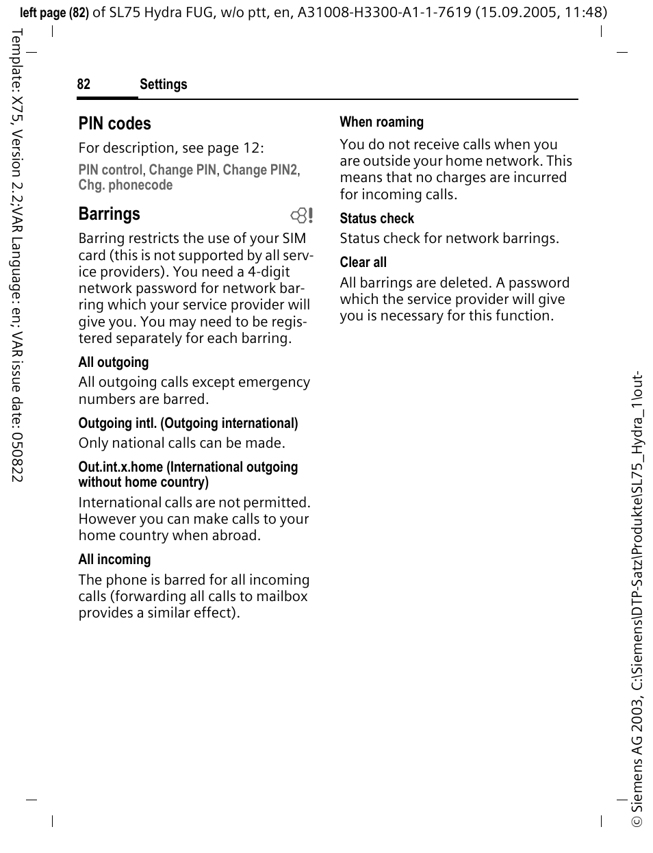 Pin codes, Barrings b | Siemens SL75 User Manual | Page 83 / 139