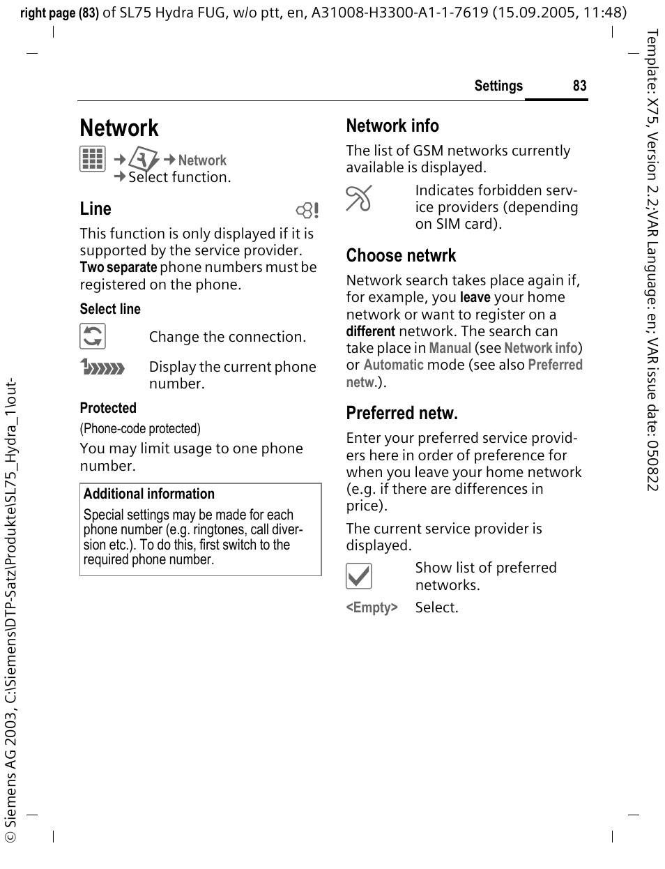 Network | Siemens SL75 User Manual | Page 84 / 139