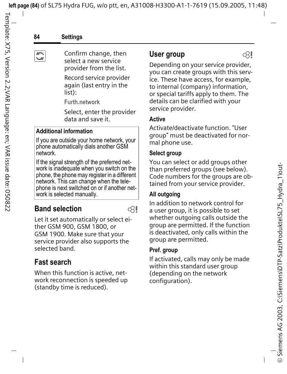 Band selection b, Fast search, User group b | Siemens SL75 User Manual | Page 85 / 139