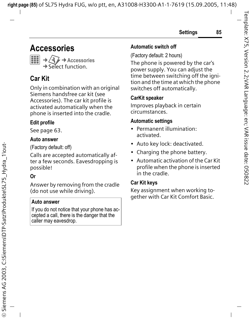 Accessories, Car kit | Siemens SL75 User Manual | Page 86 / 139