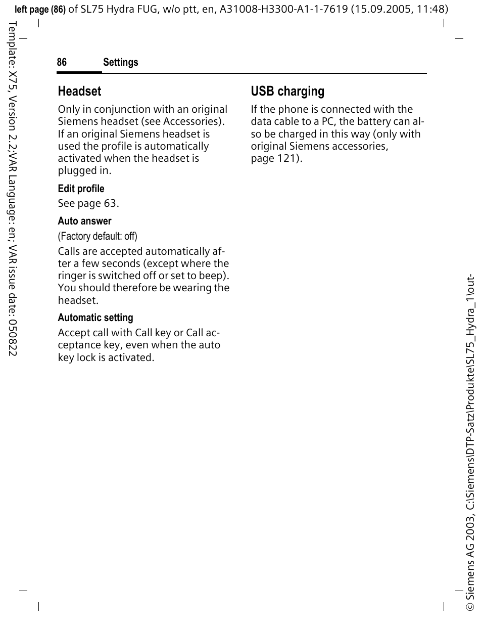 Headset, Usb charging | Siemens SL75 User Manual | Page 87 / 139