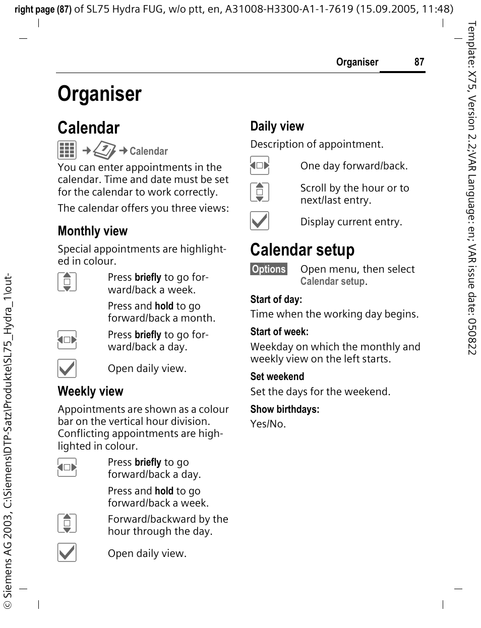 Organiser, Calendar, Calendar setup | Siemens SL75 User Manual | Page 88 / 139