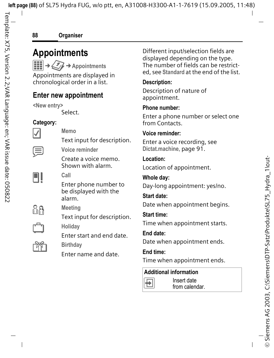 Appointments | Siemens SL75 User Manual | Page 89 / 139