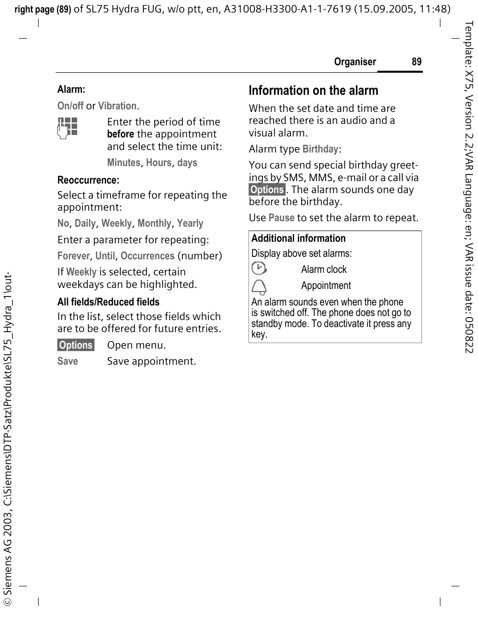 Information on the alarm | Siemens SL75 User Manual | Page 90 / 139