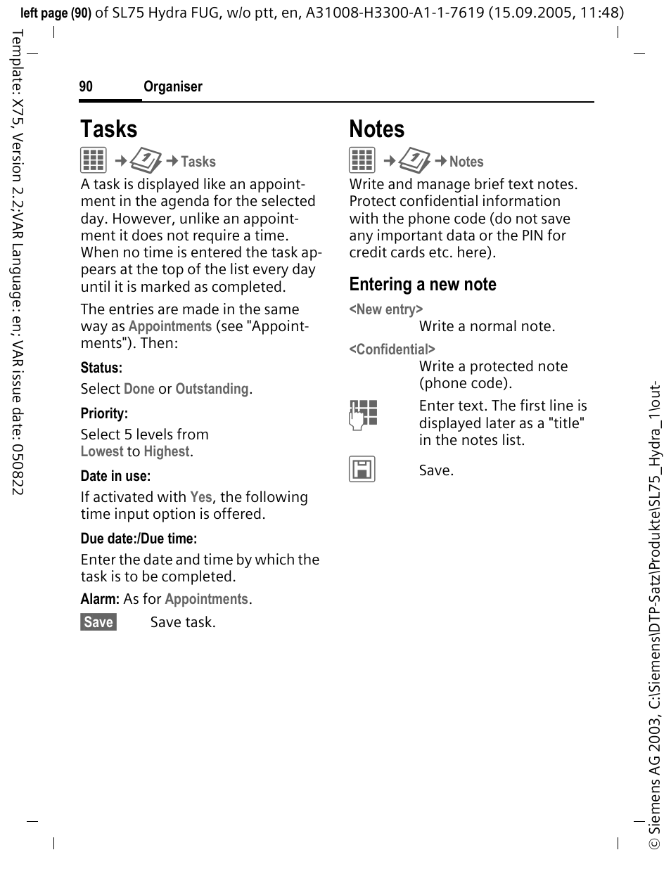 Tasks, Notes | Siemens SL75 User Manual | Page 91 / 139