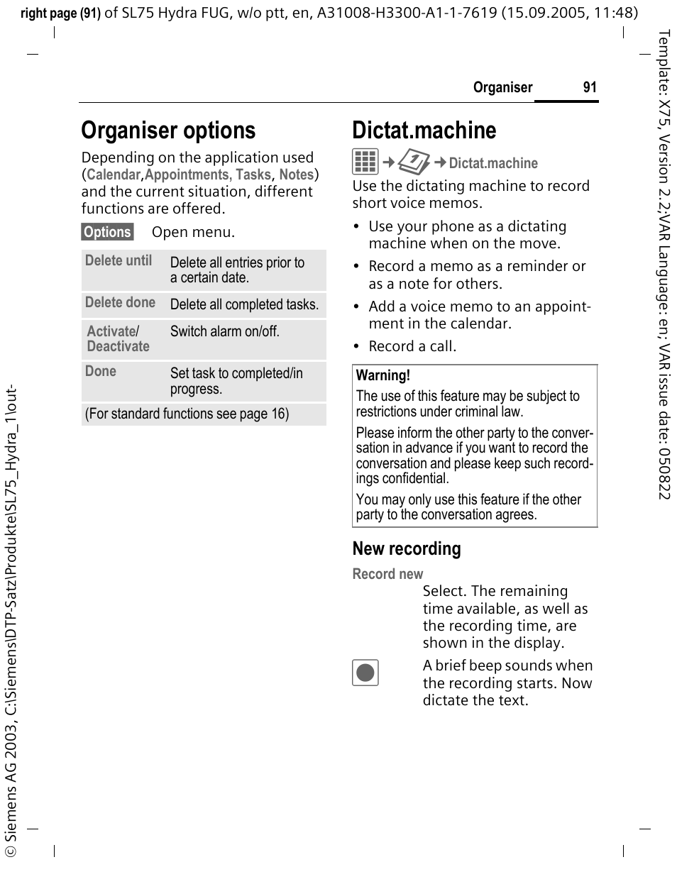 Dictat.machine, Organiser options, New recording | Siemens SL75 User Manual | Page 92 / 139