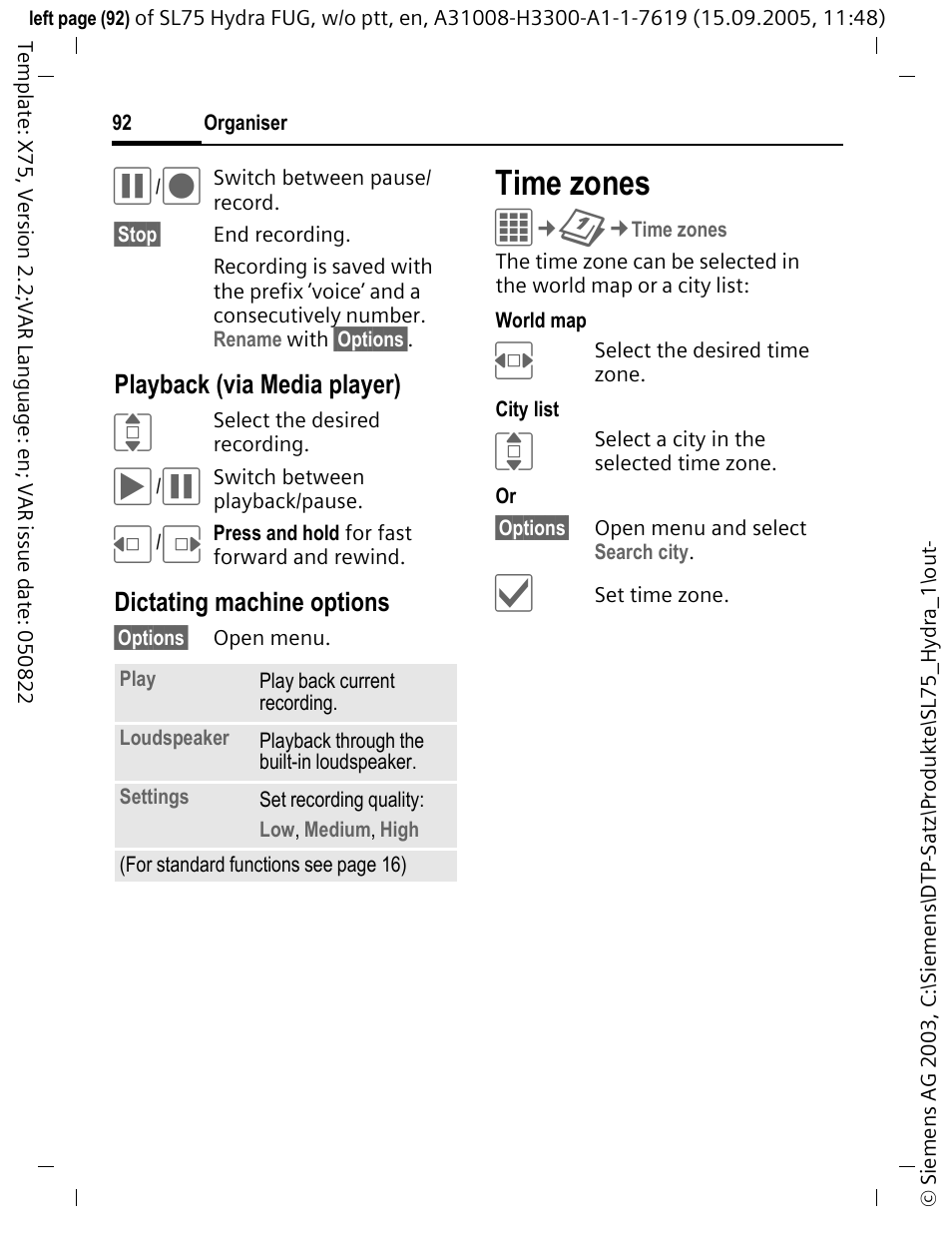 Time zones | Siemens SL75 User Manual | Page 93 / 139