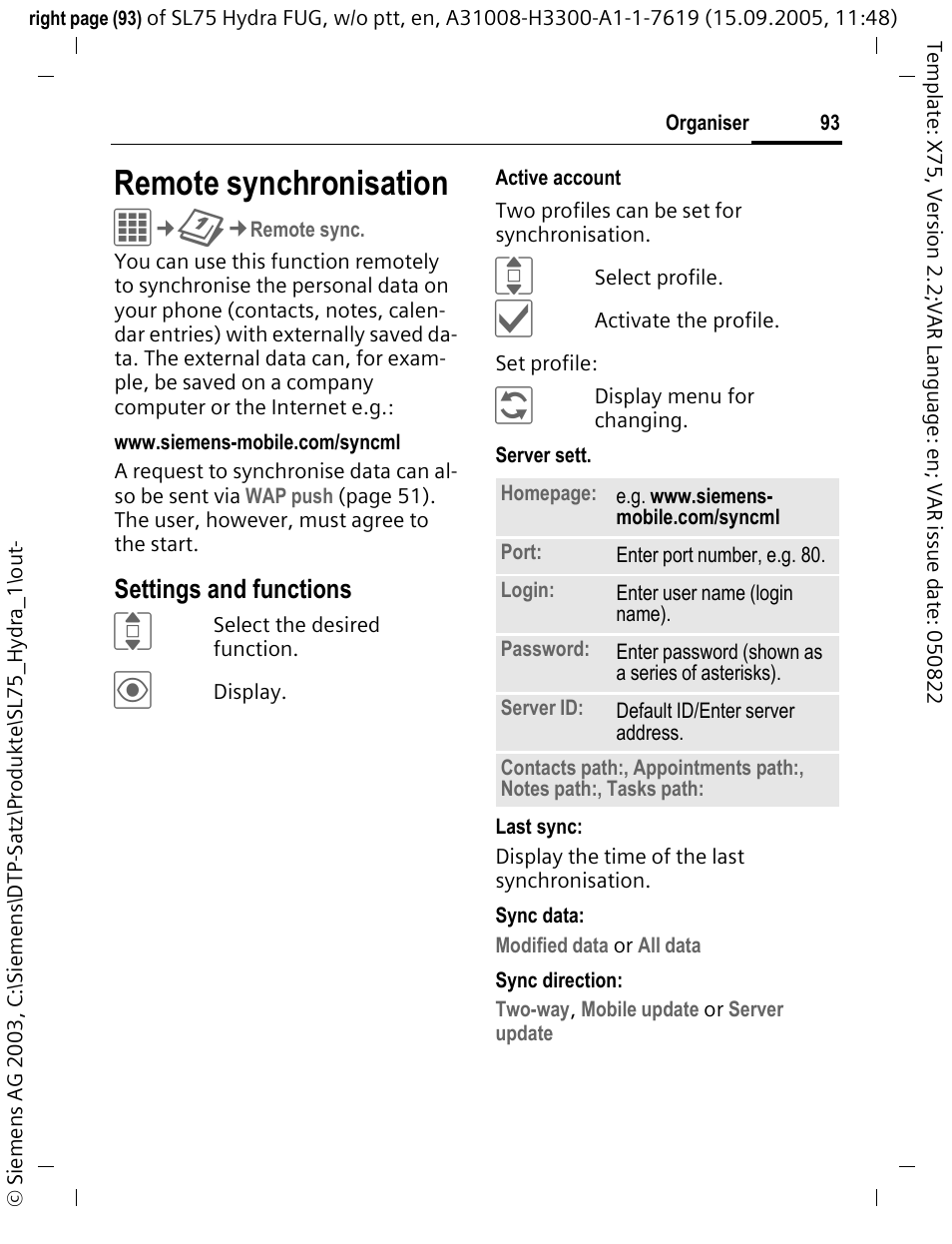 Remote synchronisation, Settings and functions | Siemens SL75 User Manual | Page 94 / 139