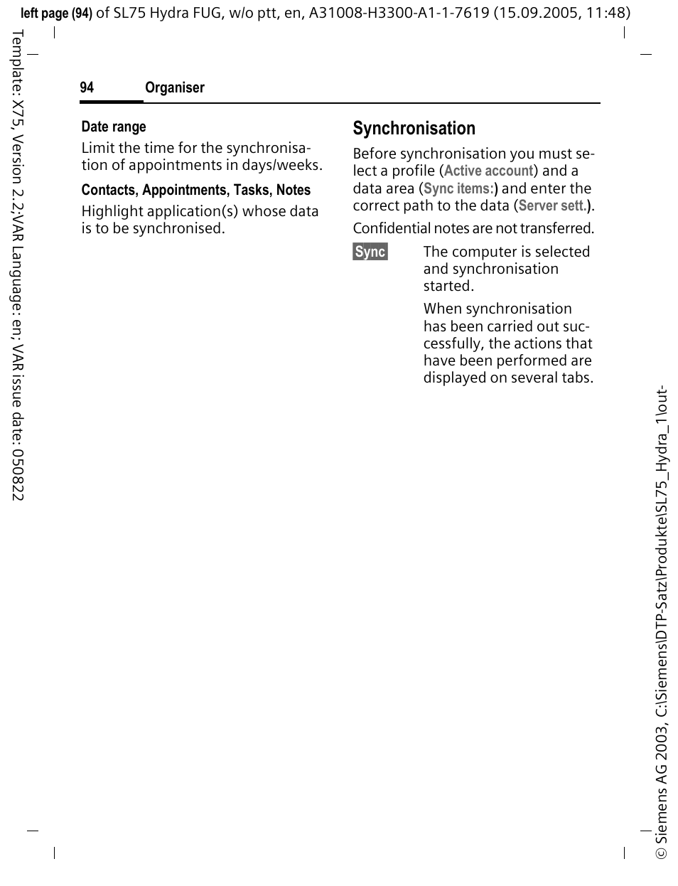 Synchronisation | Siemens SL75 User Manual | Page 95 / 139