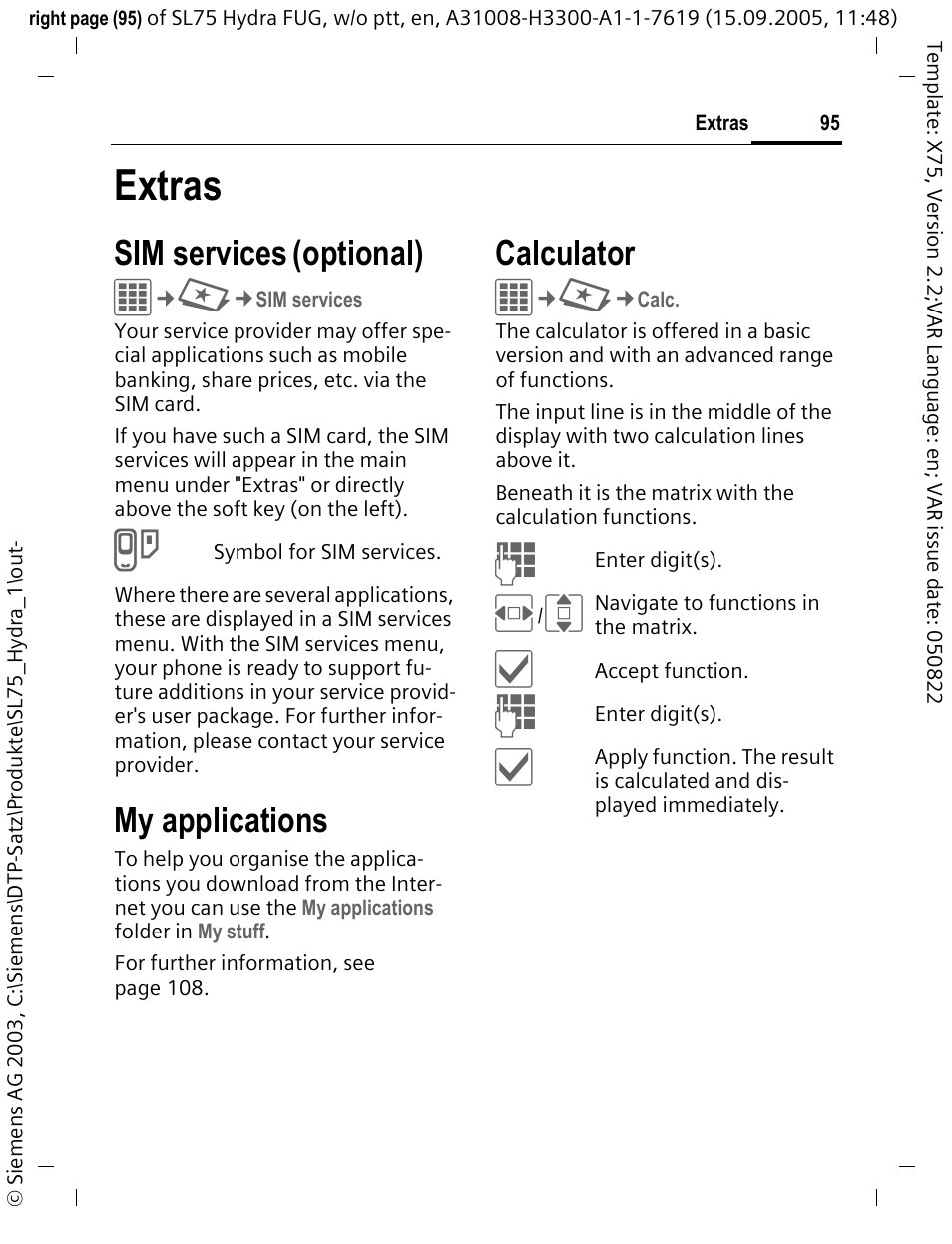 Extras, Sim services (optional), My applications | Calculator, Sim services (op, Sim services, Optional) | Siemens SL75 User Manual | Page 96 / 139