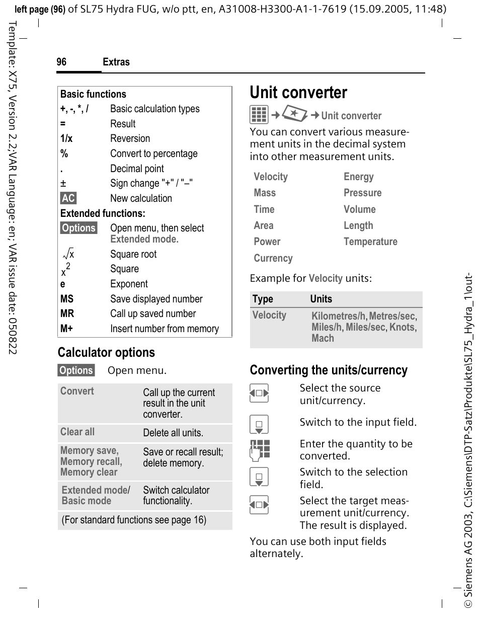 Unit converter, Calculator options, Converting the units/currency | Siemens SL75 User Manual | Page 97 / 139