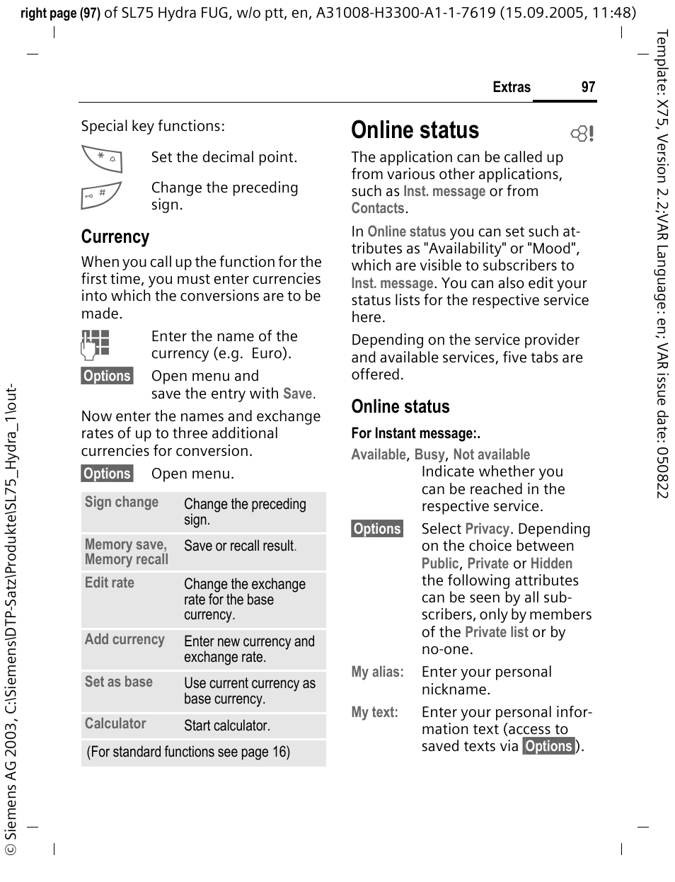 Online status b, Online status, Currency | Siemens SL75 User Manual | Page 98 / 139