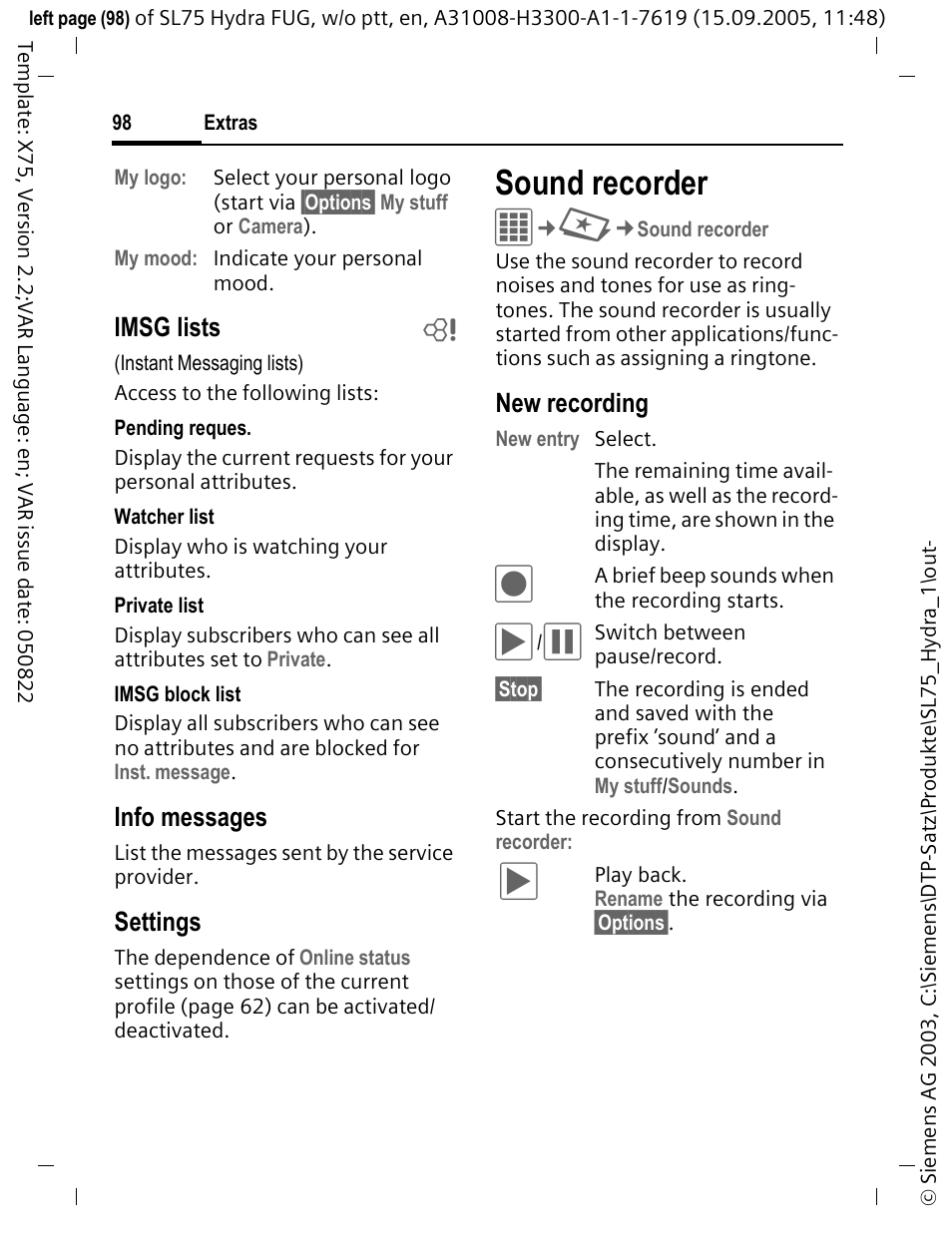 Sound recorder, Imsg lists b, Info messages | Settings, New recording | Siemens SL75 User Manual | Page 99 / 139