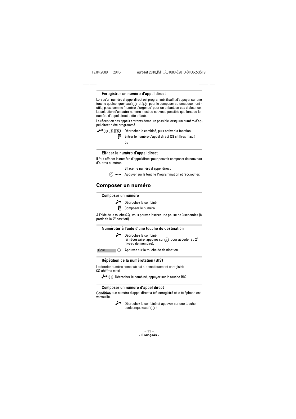 Composer un numéro | Siemens 2010 User Manual | Page 11 / 26