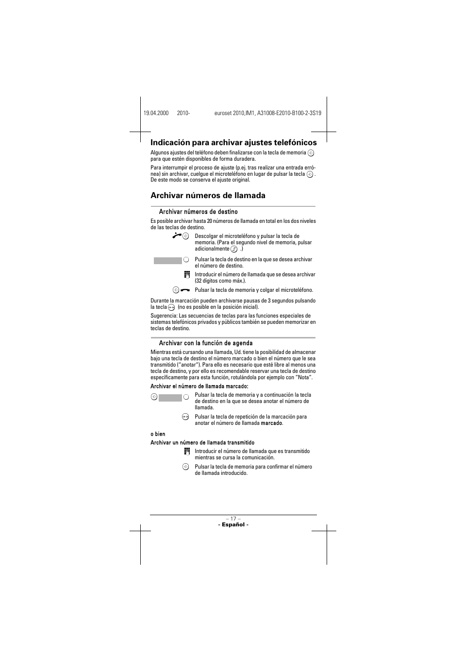 Indicación para archivar ajustes telefónicos, Archivar números de llamada | Siemens 2010 User Manual | Page 17 / 26