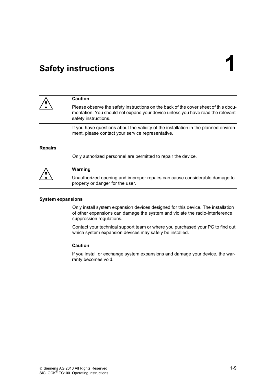 1 safety instructions, Safety instructions | Siemens Plant Central Clock TC100 User Manual | Page 10 / 124