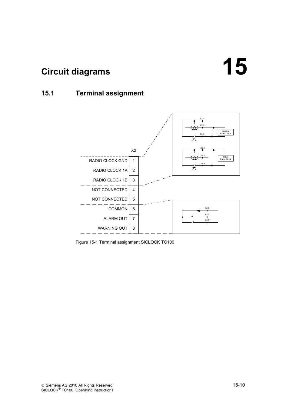 15 circuit diagrams, 1 terminal assignment, Circuit diagrams | Terminal assignment, Also terminal assignment (chapter 15.1) | Siemens Plant Central Clock TC100 User Manual | Page 104 / 124