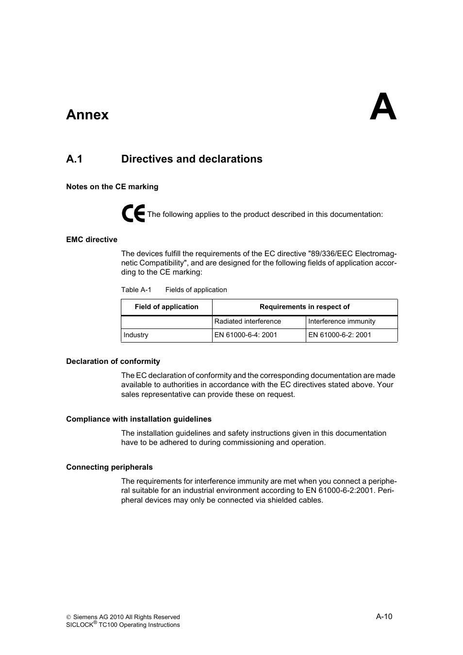 A annex, A.1 directives and declarations, Annex | A-105, Directives and declarations | Siemens Plant Central Clock TC100 User Manual | Page 108 / 124