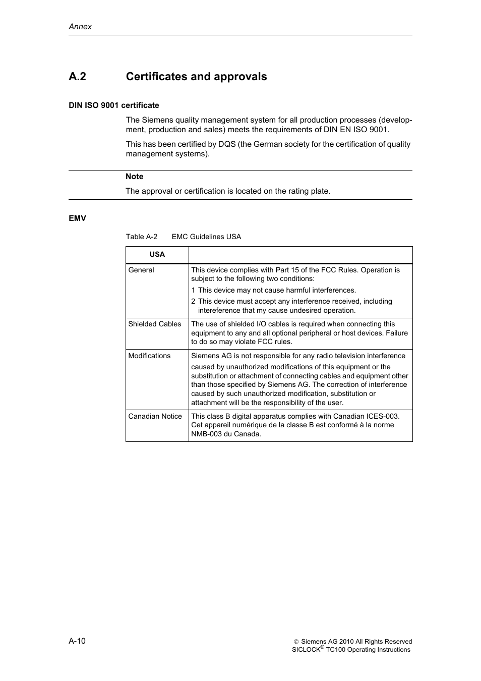 A.2 certificates and approvals, Certificates and approvals, A-106 | Siemens Plant Central Clock TC100 User Manual | Page 109 / 124