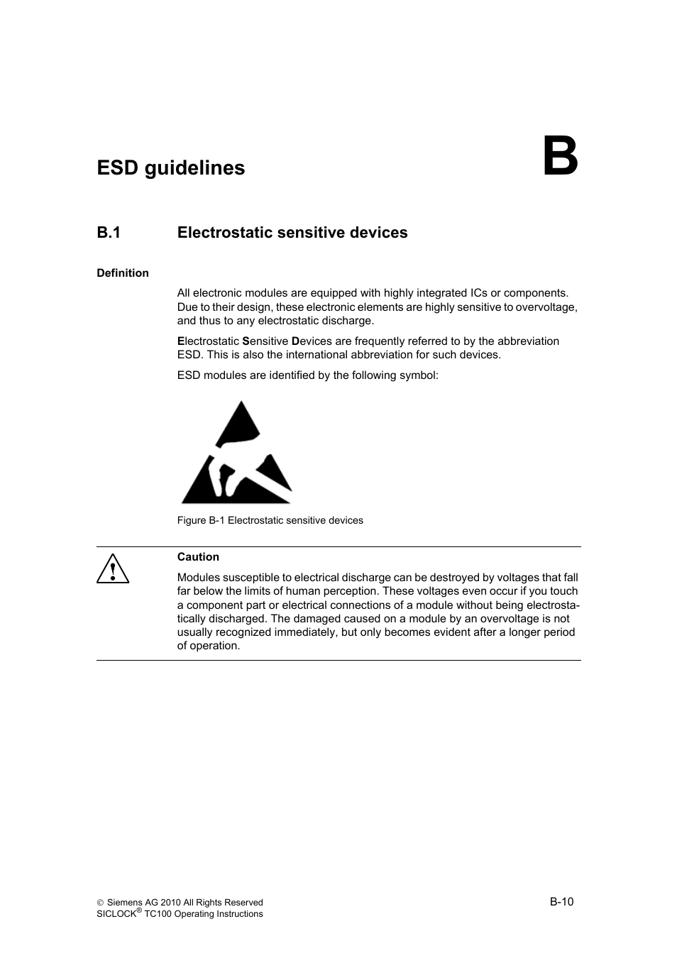 B esd guidelines, B.1 electrostatic sensitive devices, Esd guidelines | B-107, Electrostatic sensitive devices | Siemens Plant Central Clock TC100 User Manual | Page 110 / 124