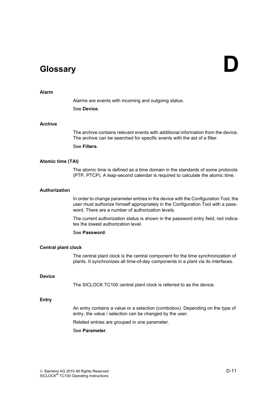 D glossary, Glossary, D-113 | Siemens Plant Central Clock TC100 User Manual | Page 116 / 124