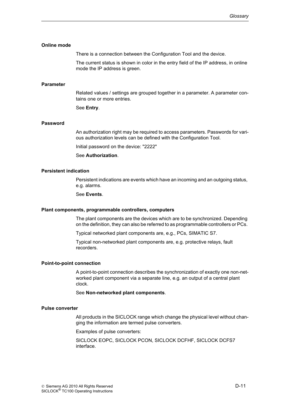 Password, Parameter | Siemens Plant Central Clock TC100 User Manual | Page 118 / 124