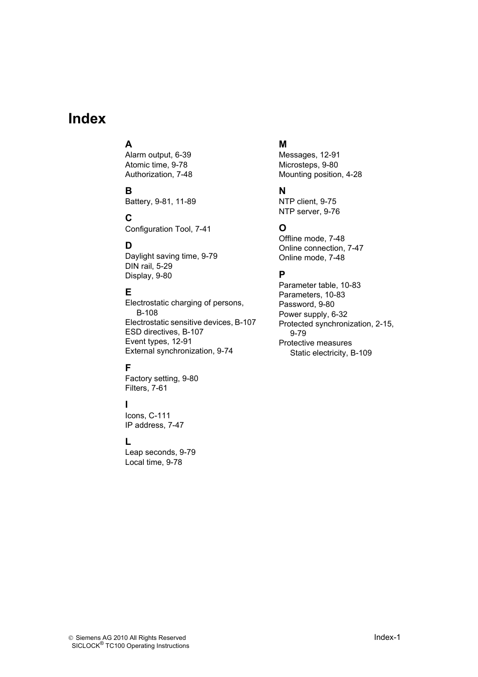 Index, Index-119 | Siemens Plant Central Clock TC100 User Manual | Page 122 / 124