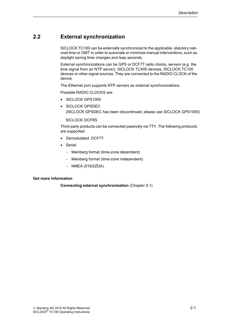 2 external synchronization, External synchronization | Siemens Plant Central Clock TC100 User Manual | Page 16 / 124